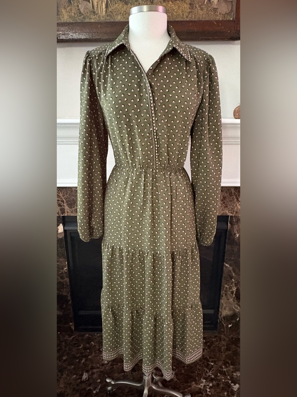 Max Studio Olive Green Tiered Long Sleeve Maxi Shirt Dress Size M Boho
